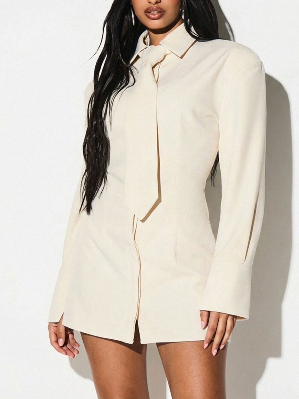 Cream Elegant Women's Loose Long Sleeve Mini Shirt Dress